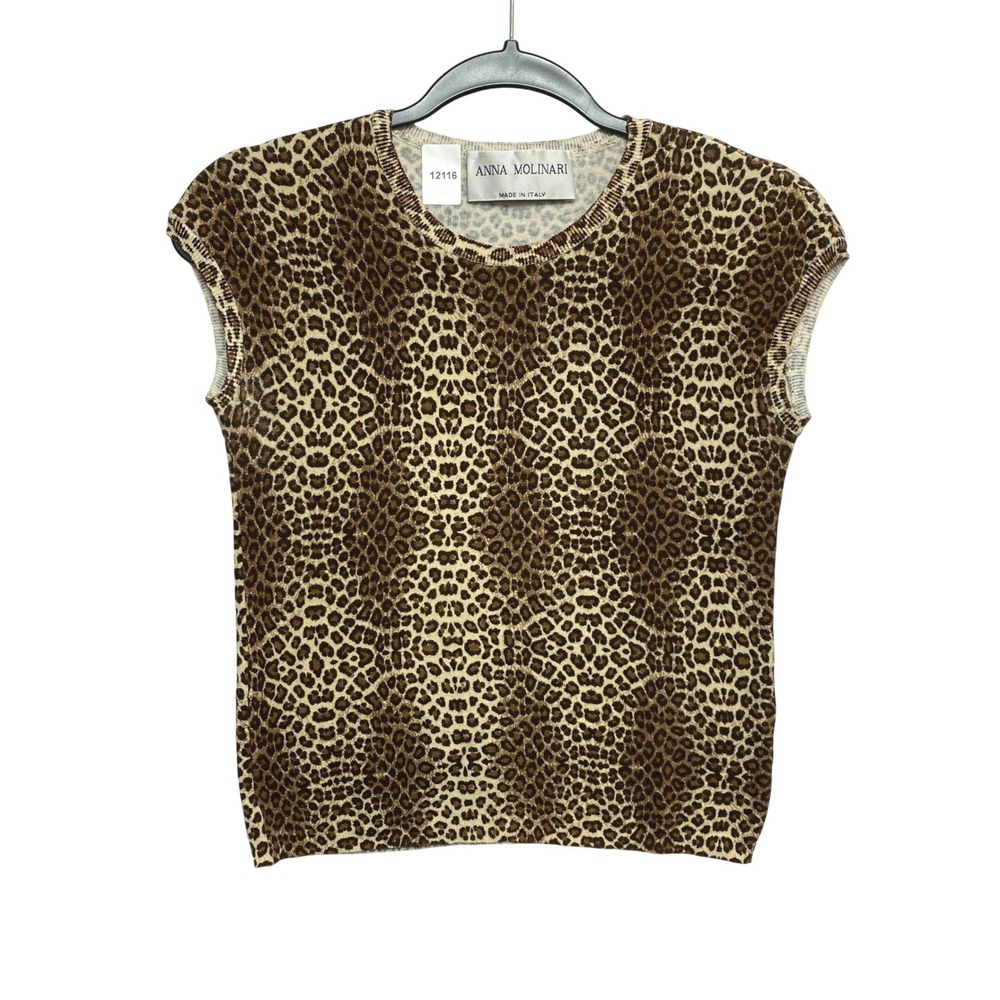 Anna Molinari Knit Top Womens IT 38 Brown Leopard Print Cap Sleeve Made in Italy